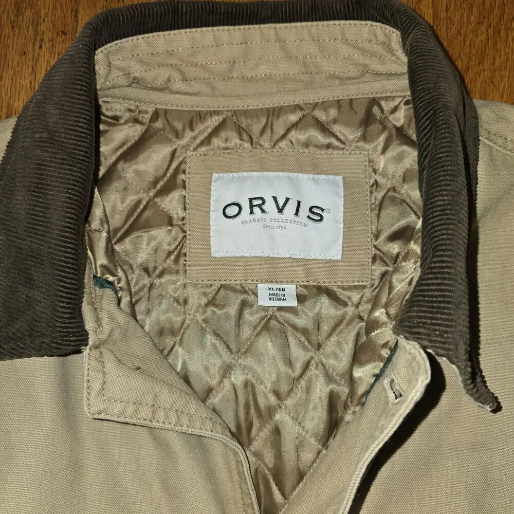 Orvis Jacket Mens Large Khaki Barn Coat Field Canvas Quilted Corduroy Collar XL